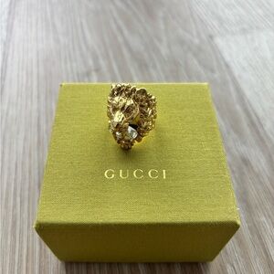 Gucci Lion Head Gold Clear Crystal Ring Size 16 / Medium